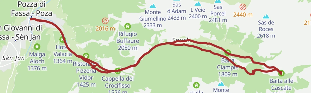 Route map: From Pozza to the waterfalls in Val San Nicolò